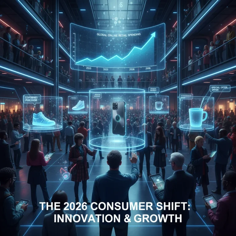 Futuristic digital marketplace illustrating the 2026 consumer spending shift