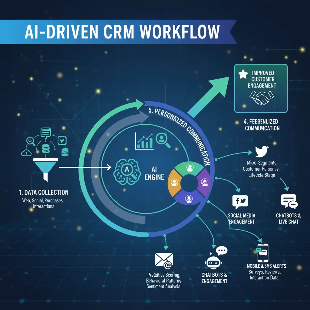 Workflow of an AI-driven CRM system for enhanced customer engagement through personalized communication.
