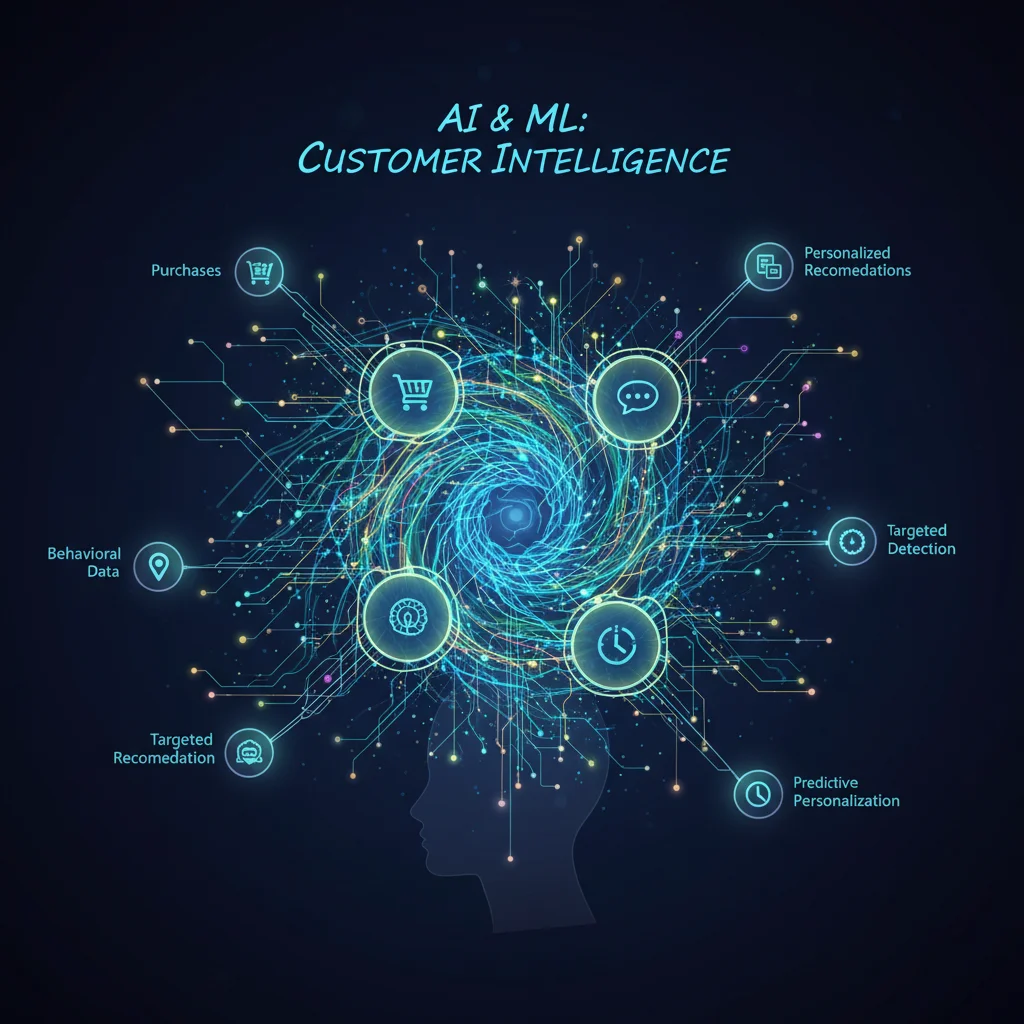 Abstract visualization of AI processing customer data for personalization