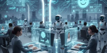 AI-powered customer service center with agents and holographic displays boosting resolution rates