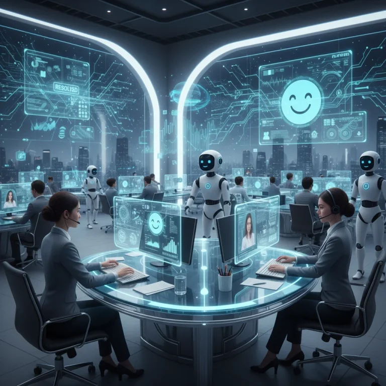 AI-powered customer service center with agents and holographic displays boosting resolution rates
