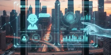 AI-powered digital sales and customer service interface with data analytics and virtual assistants in a modern setting.
