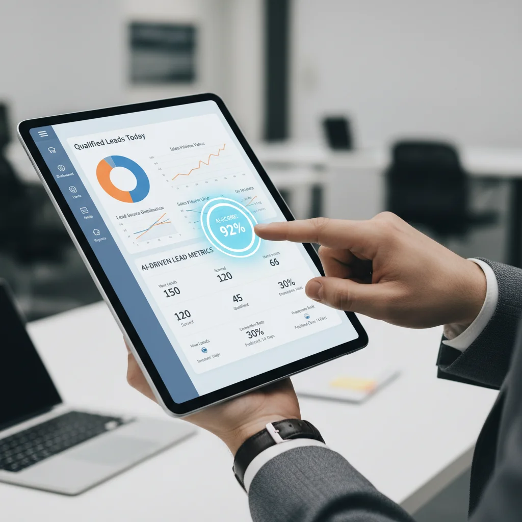 Sales professional analyzing AI-driven lead scoring in CRM on a tablet