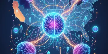 AI-powered personalized outreach connecting businesses with customers in the US market, showing digital tools and data streams.