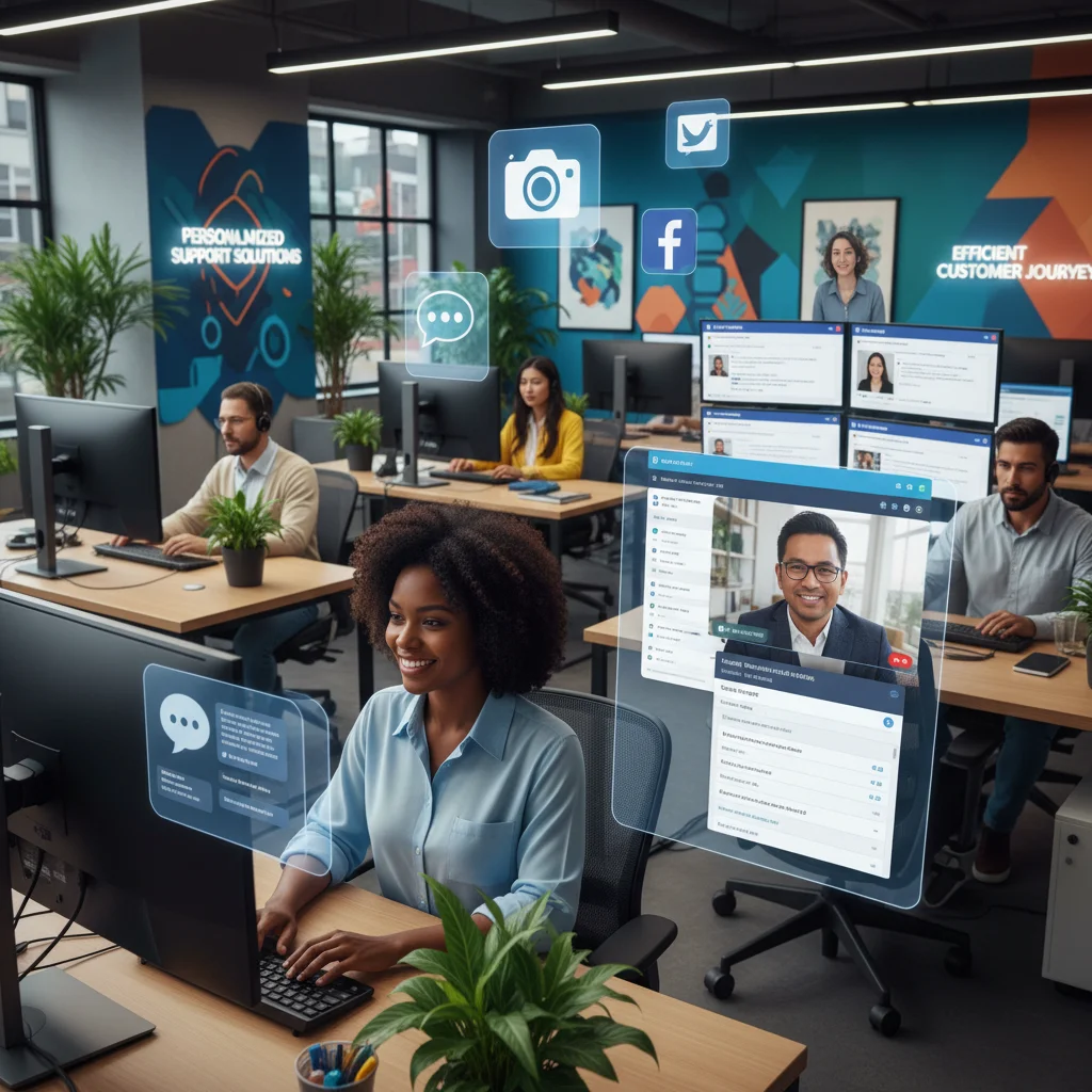 Customer service agents providing personalized support across multiple digital channels using advanced CRM.