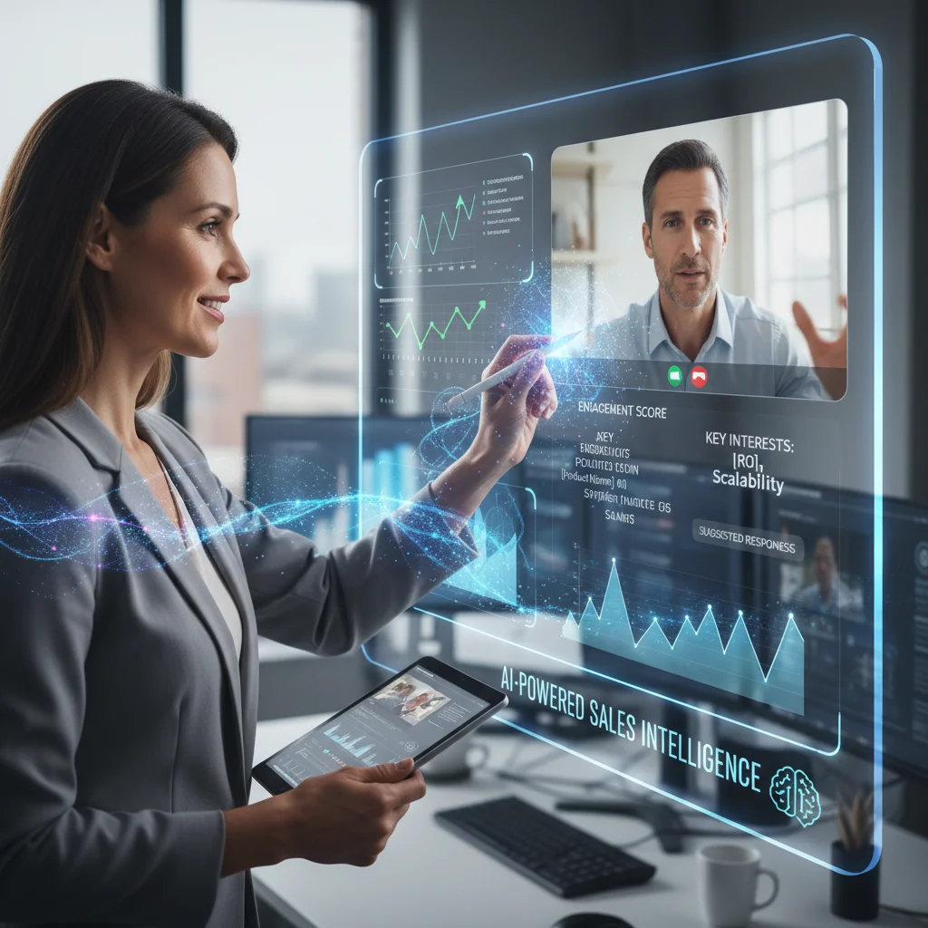 Salesperson using AI tools for personalized virtual sales interaction.