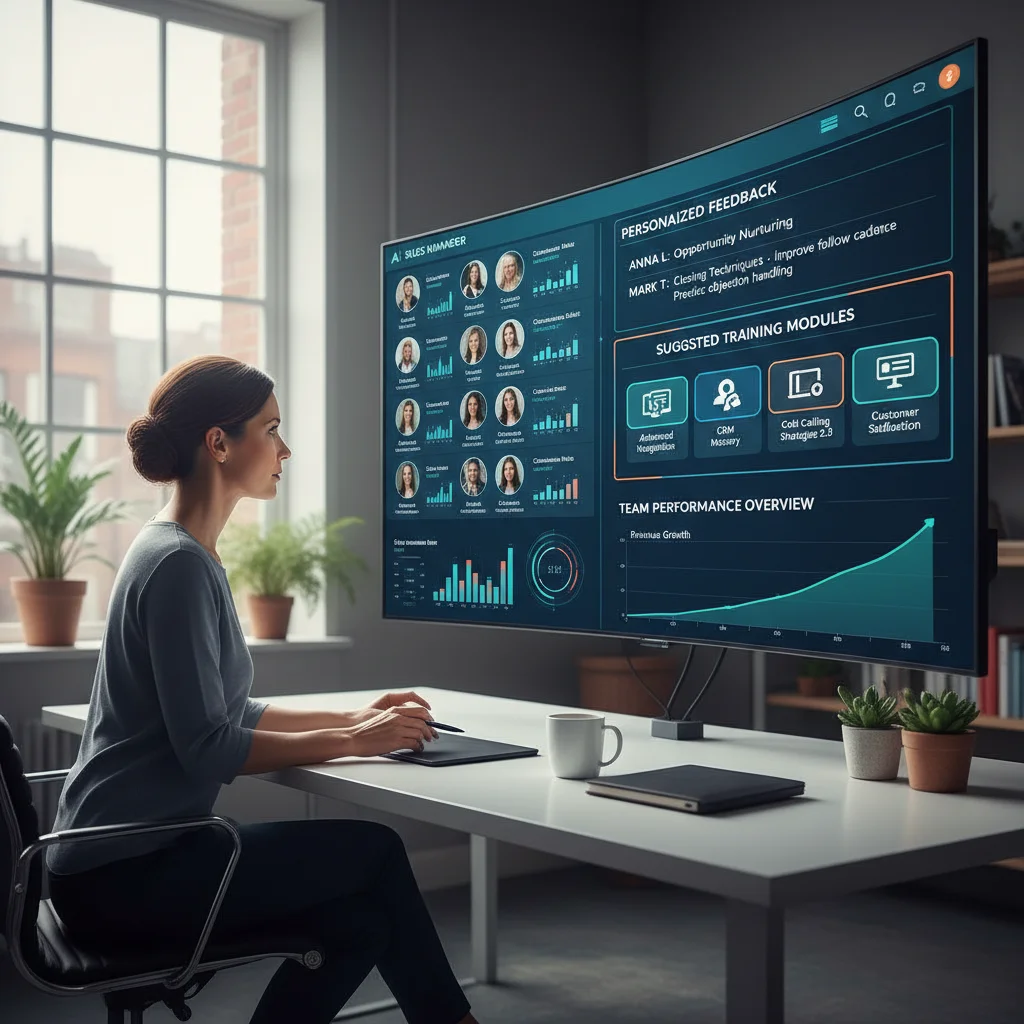 Sales manager using AI coaching dashboard for real-time performance analytics and personalized training.