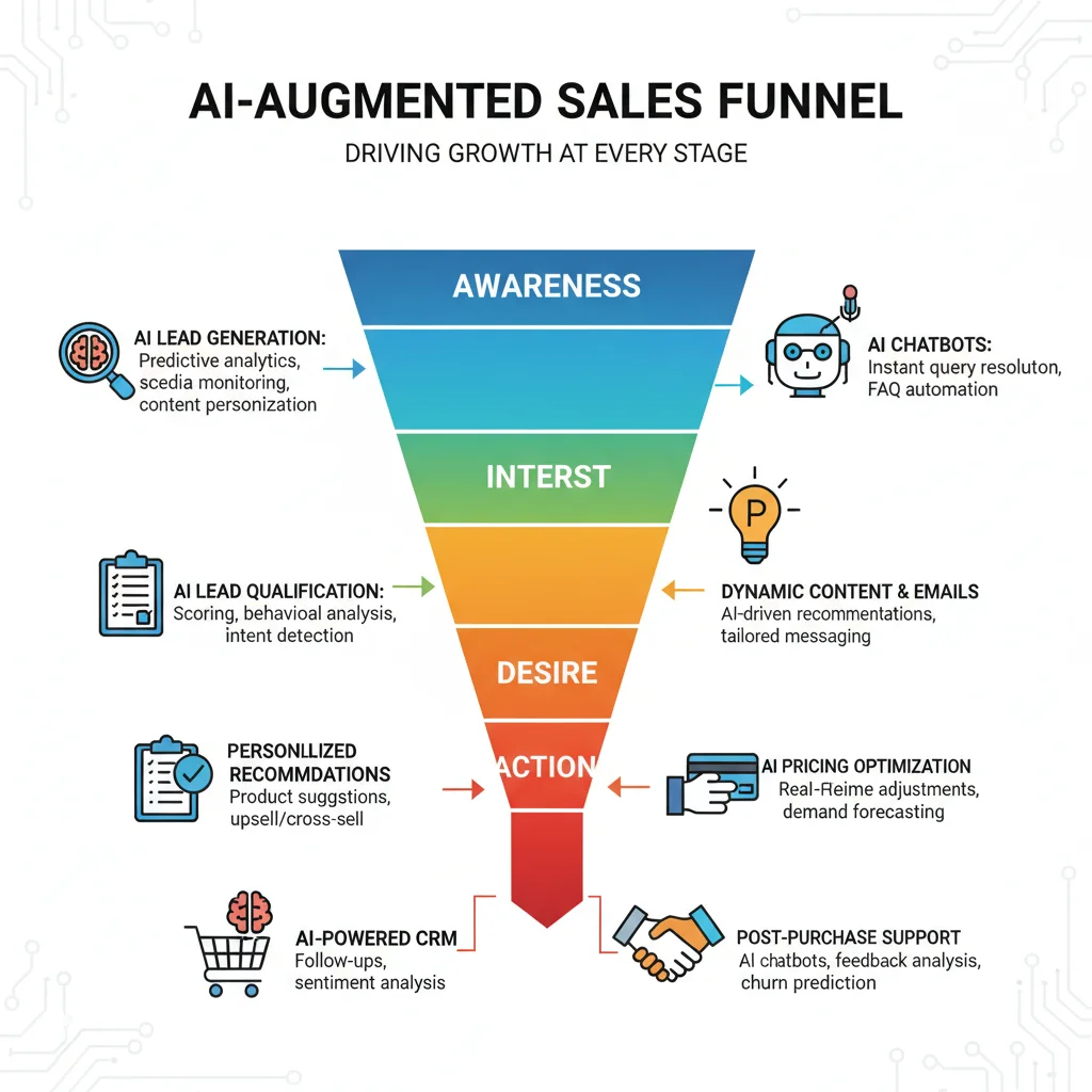 Infographic showing AI integration across the entire digital sales funnel.