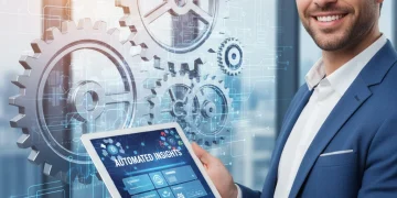 Sales rep using automated CRM data entry tools on a tablet, smiling confidently.