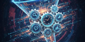 Illustration of an automated digital sales funnel with interconnected tools and a clock, symbolizing efficiency and time savings.