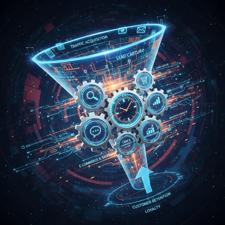 Illustration of an automated digital sales funnel with interconnected tools and a clock, symbolizing efficiency and time savings.