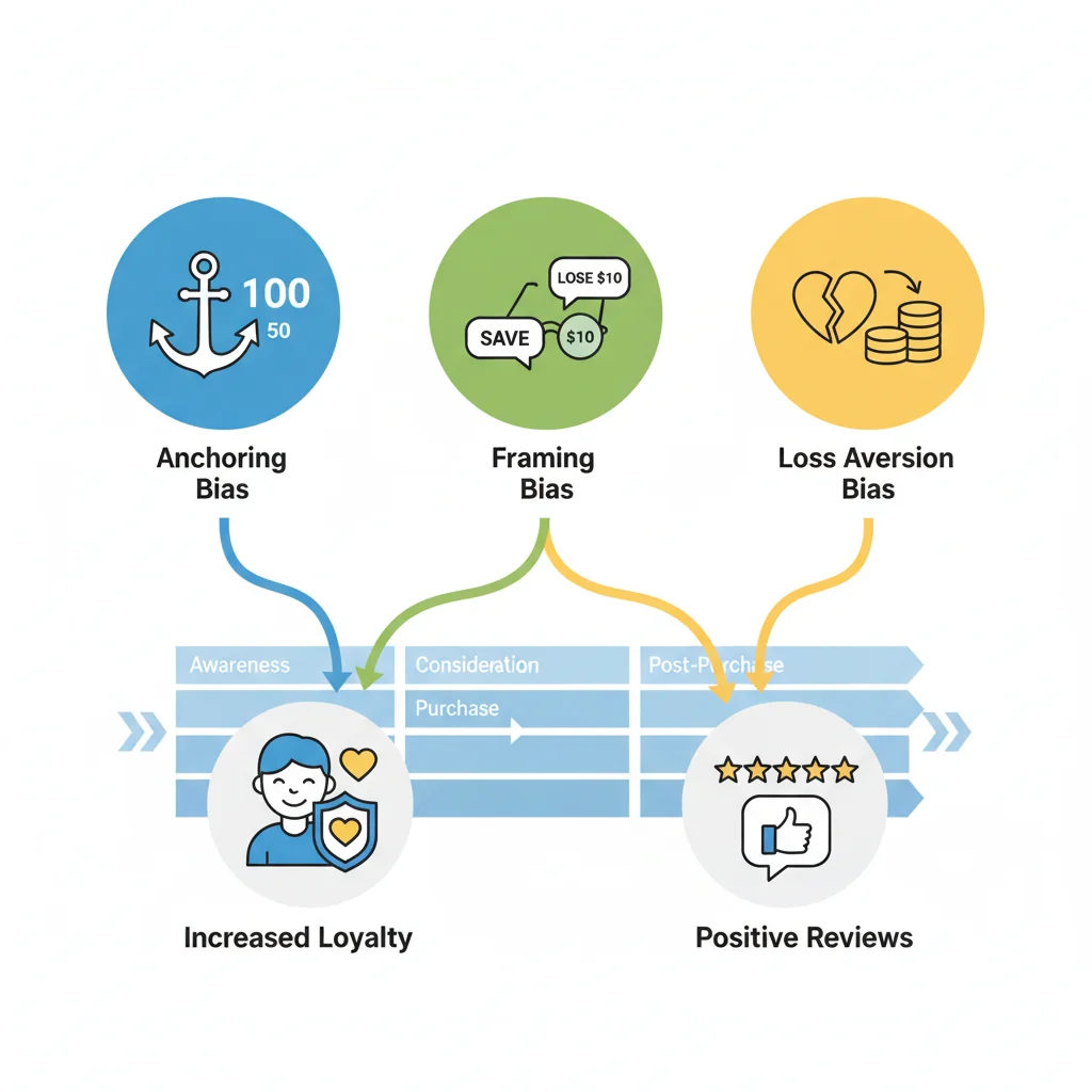 Infographic showing cognitive biases influencing customer journey and loyalty.