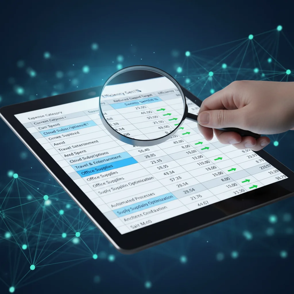 Hand with magnifying glass analyzing financial data for cost reduction in digital operations.