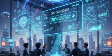 Futuristic CRM dashboard showing automated lead qualification with 20% manual work reduction