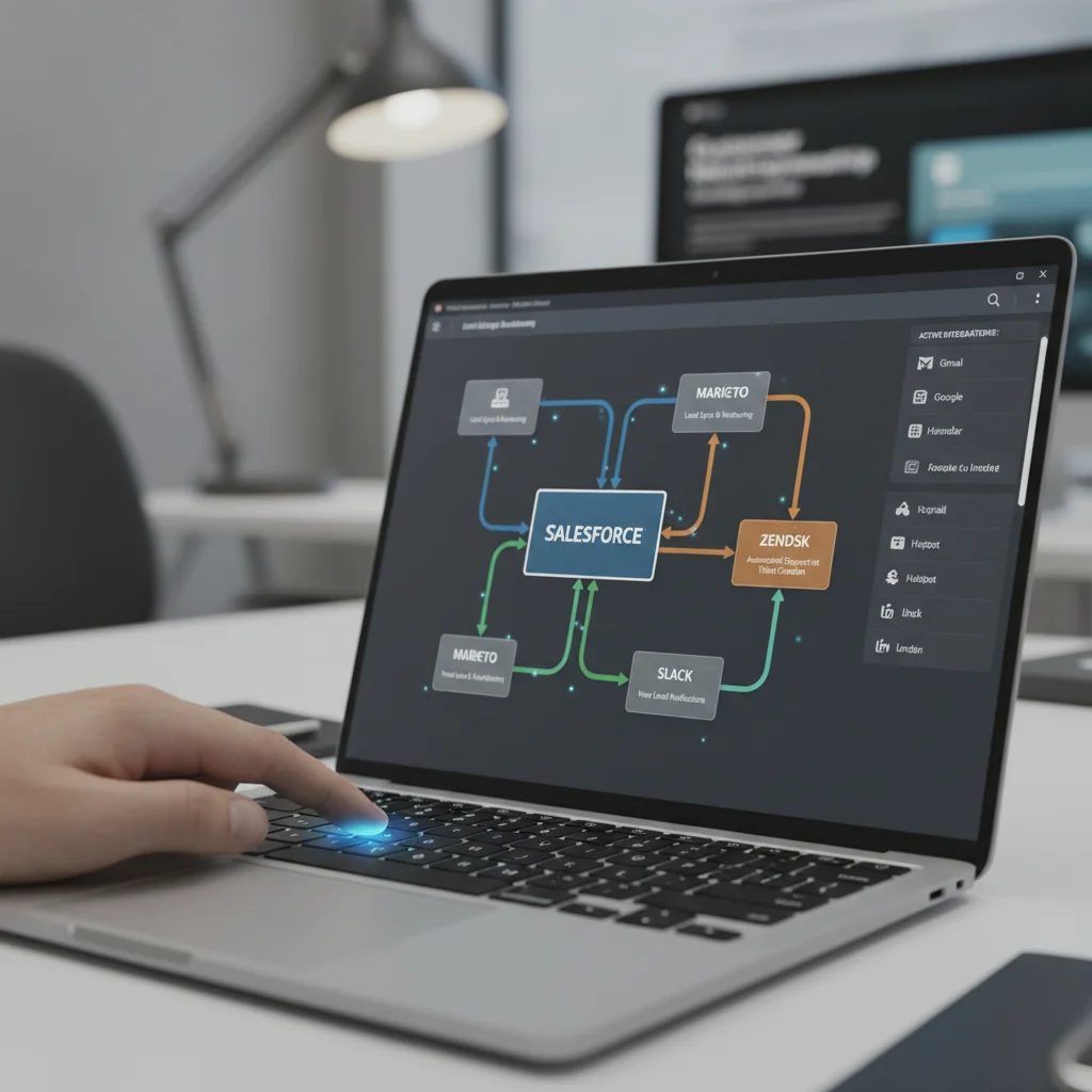 Hand interacting with automated CRM interface showing data flow and integrations.