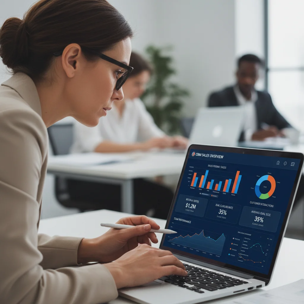 Sales manager analyzing CRM data for coaching insights.