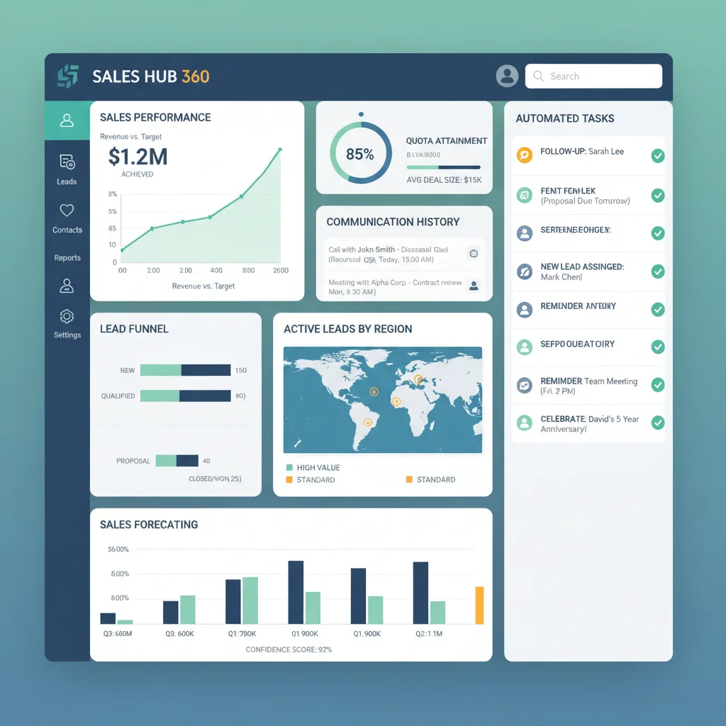 Modern CRM dashboard displaying lead tracking, sales metrics, and automated task management.