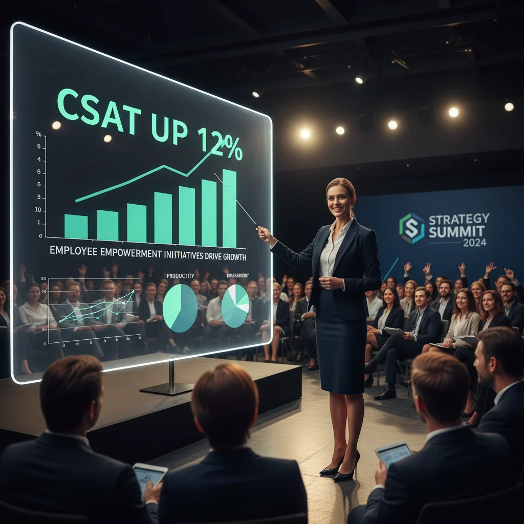 Business leader presenting a 12% CSAT increase, demonstrating the impact of employee empowerment.