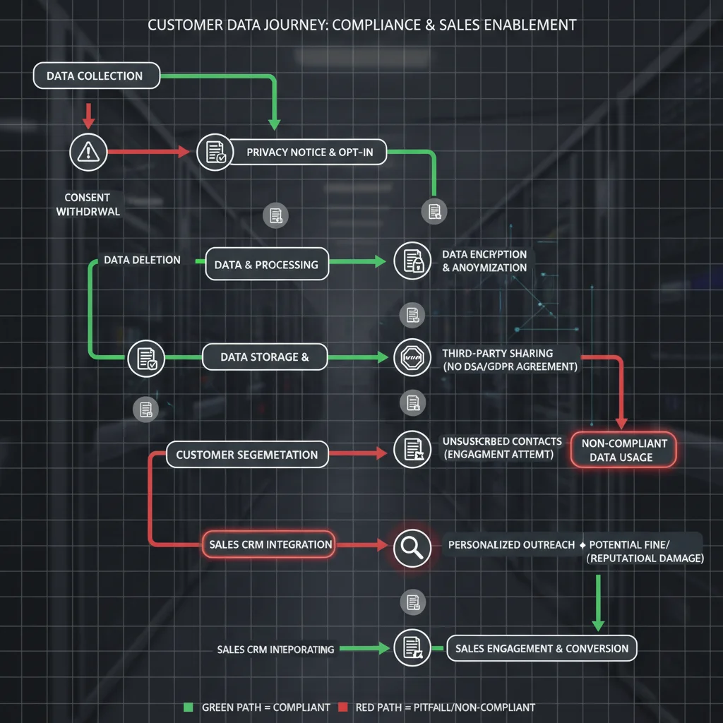 Flowchart illustrating customer data journey with compliance checkpoints for sales enablement.