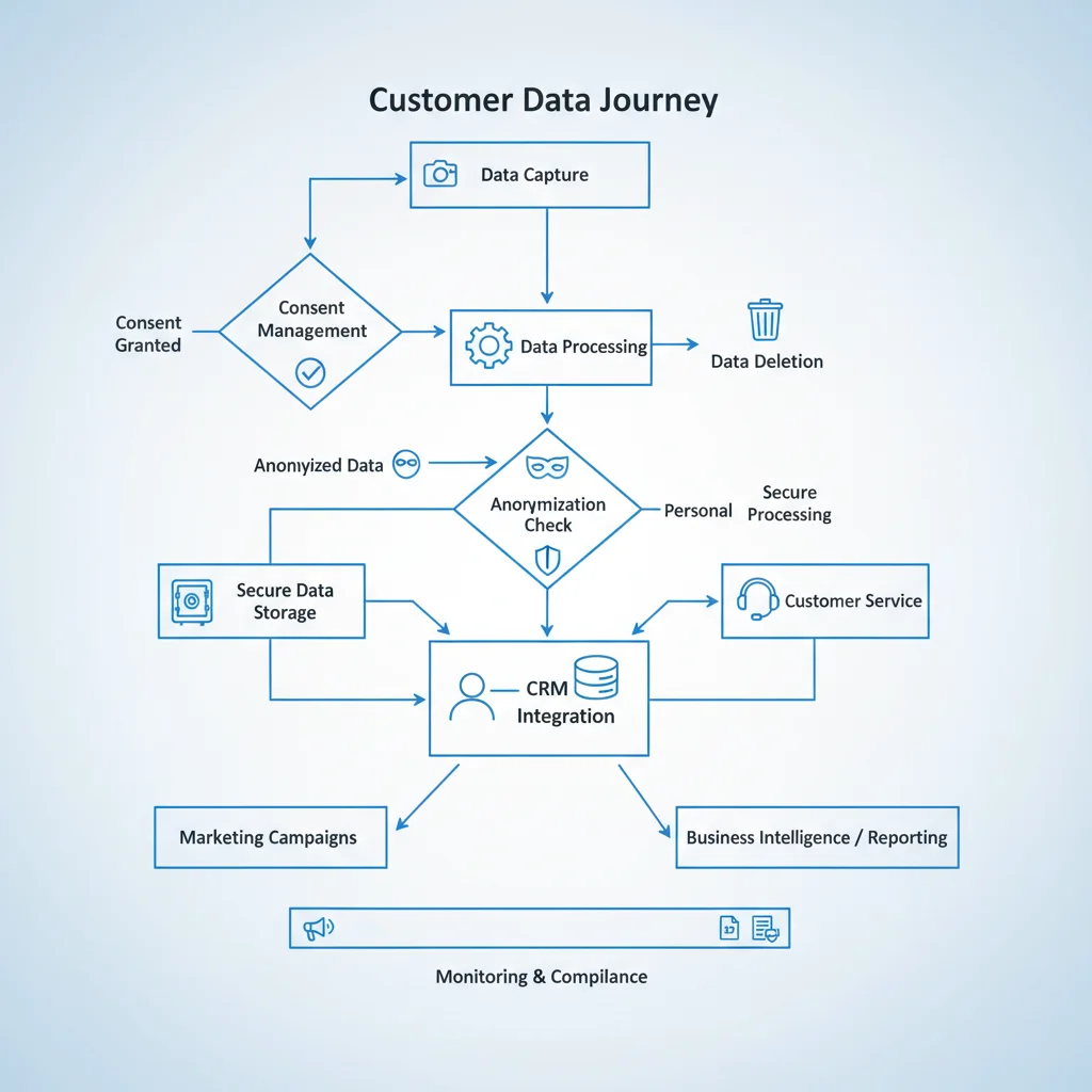 Customer data journey flowchart illustrating key stages of data collection, consent, and secure processing for privacy compliance.