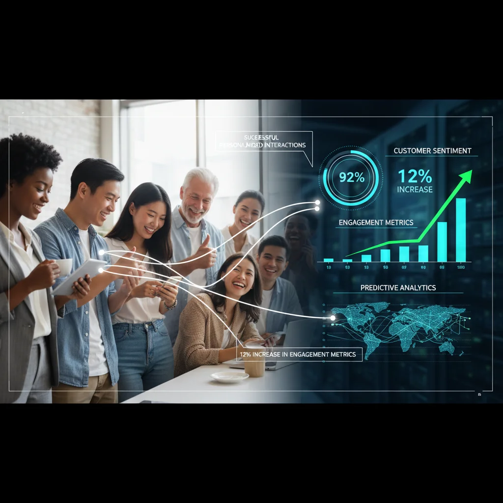 Happy customers and AI analytics demonstrating a 12% increase in customer engagement through personalized outreach.