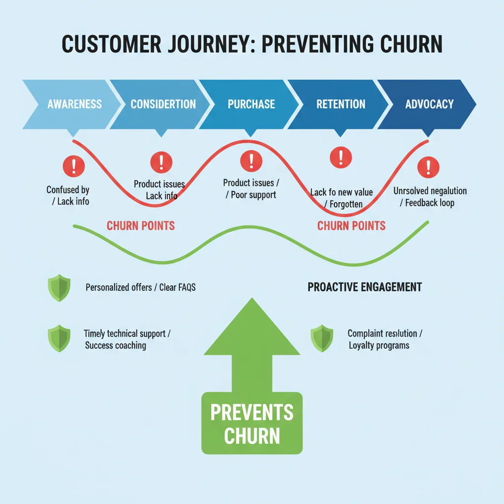 Customer journey map highlighting churn points and retention interventions.