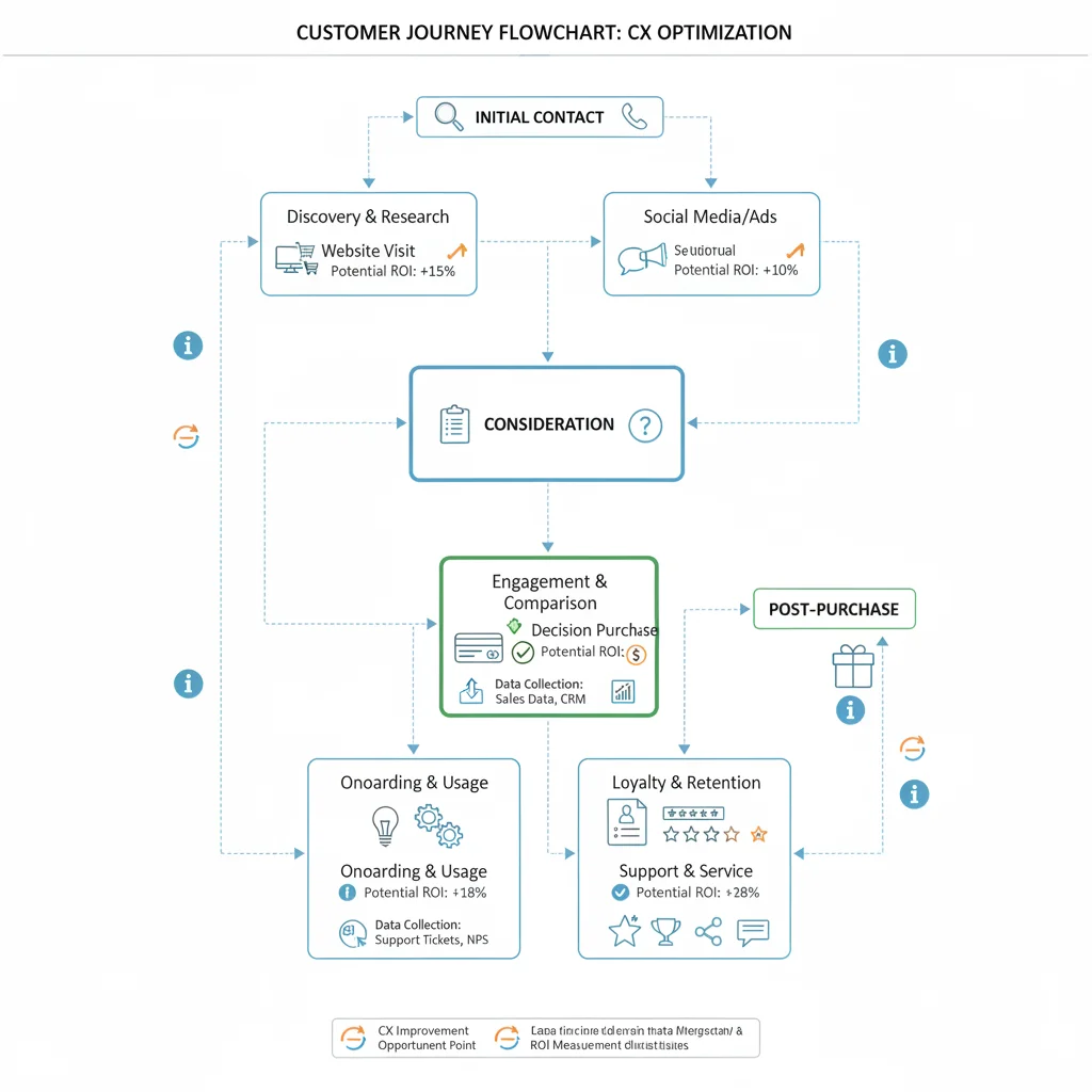 Detailed flowchart of customer journey mapping with data collection points and CX improvement opportunities.