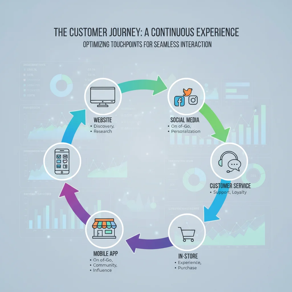 Infographic showing a unified customer journey across multiple omnichannel touchpoints and data integration.
