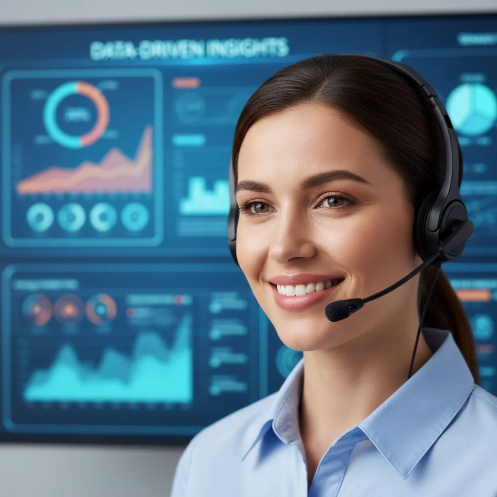 Customer service agent smiling, with data analytics dashboard in background