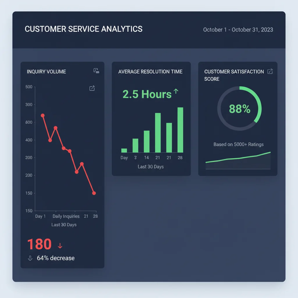 Customer service dashboard showing reduced inquiry volume and improved KPIs.