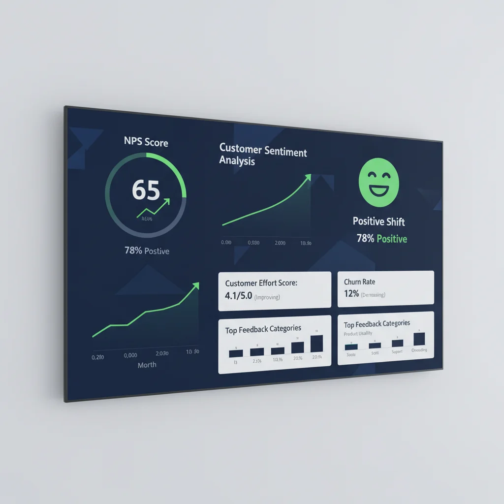 Customer experience dashboard showing improved NPS and sentiment