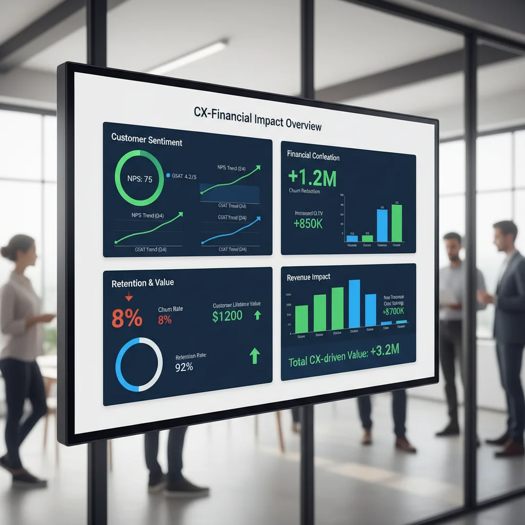Digital dashboard showing CX metrics like NPS, CSAT, churn, and LTV with associated financial impact.