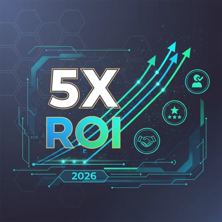 Infographic showing 5x ROI on customer experience investment by 2026 with financial charts and customer icons.