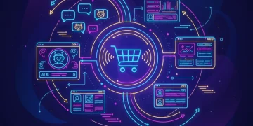 CX Tools US E-commerce: Reduce Support Time 20% This Year Digital illustration of interconnected CX tools optimizing e-commerce customer support