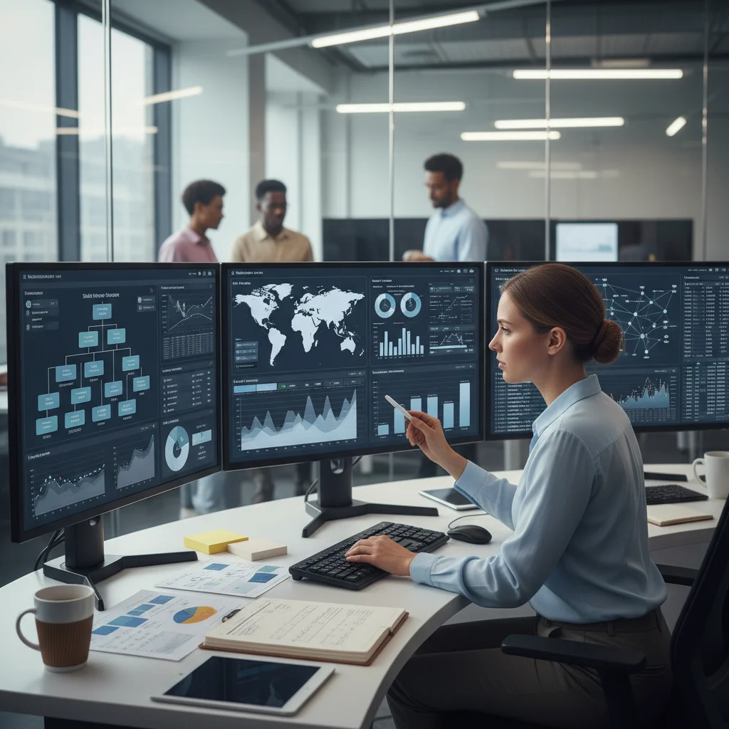 Data analyst reviewing sales enablement data and predictive models on multiple screens.