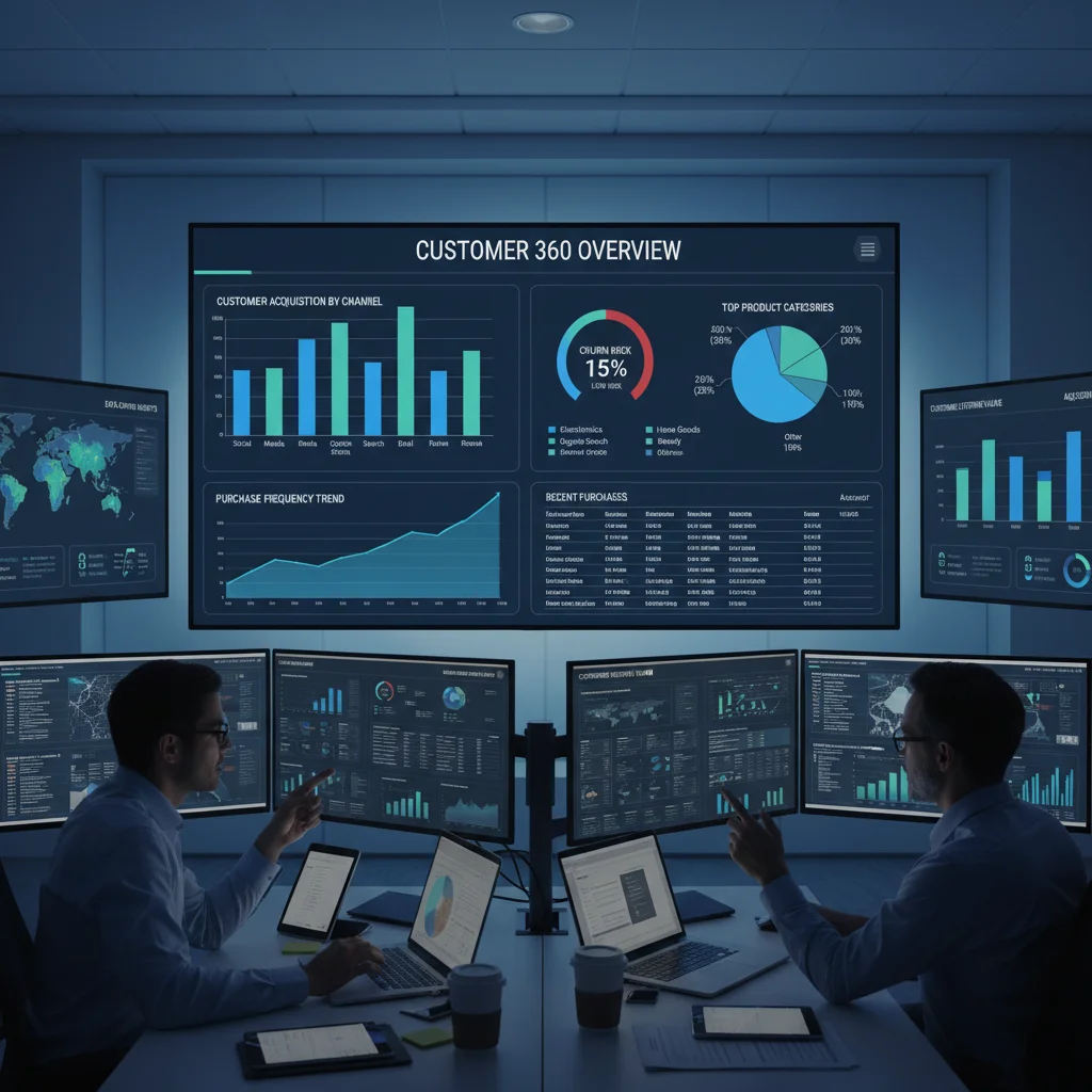 Data analytics dashboard showing customer behavior and churn risk KPIs.