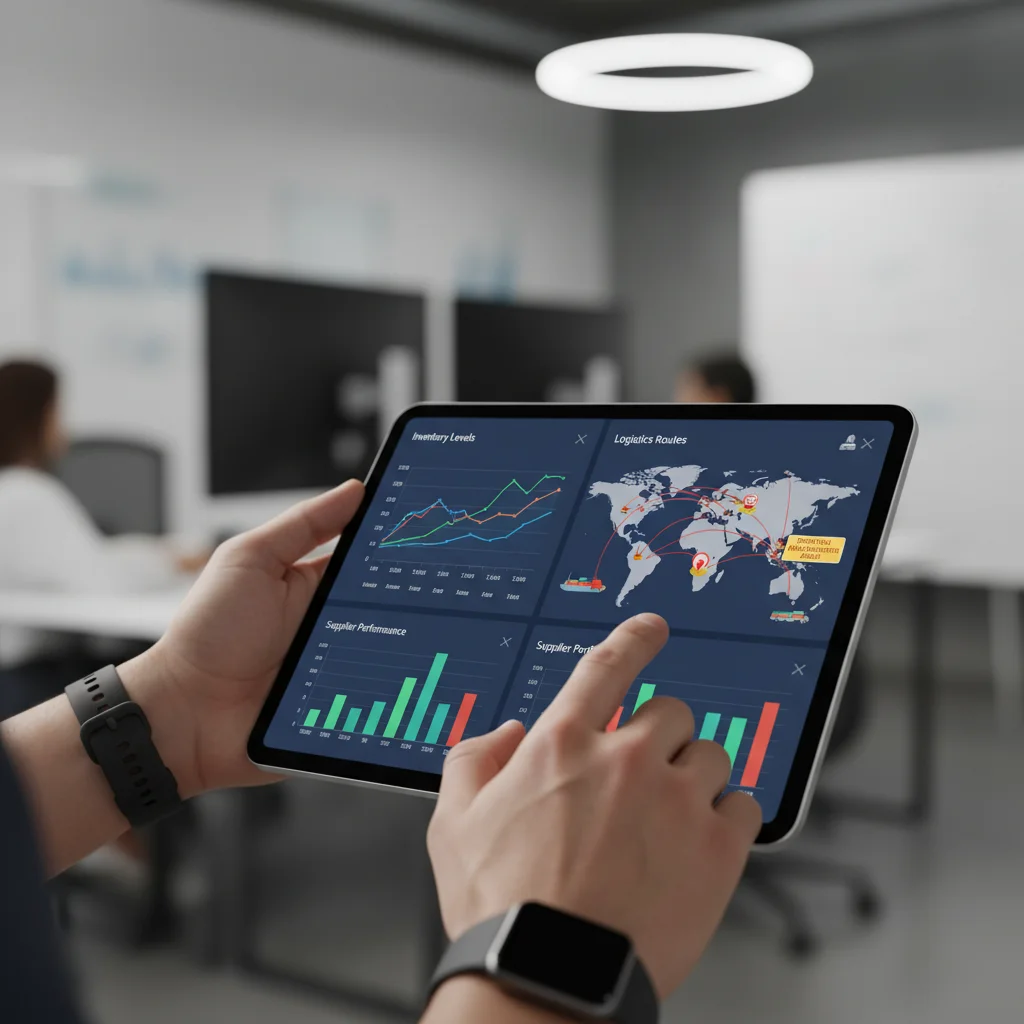 Hands analyzing supply chain data on a tablet, showing inventory and logistics