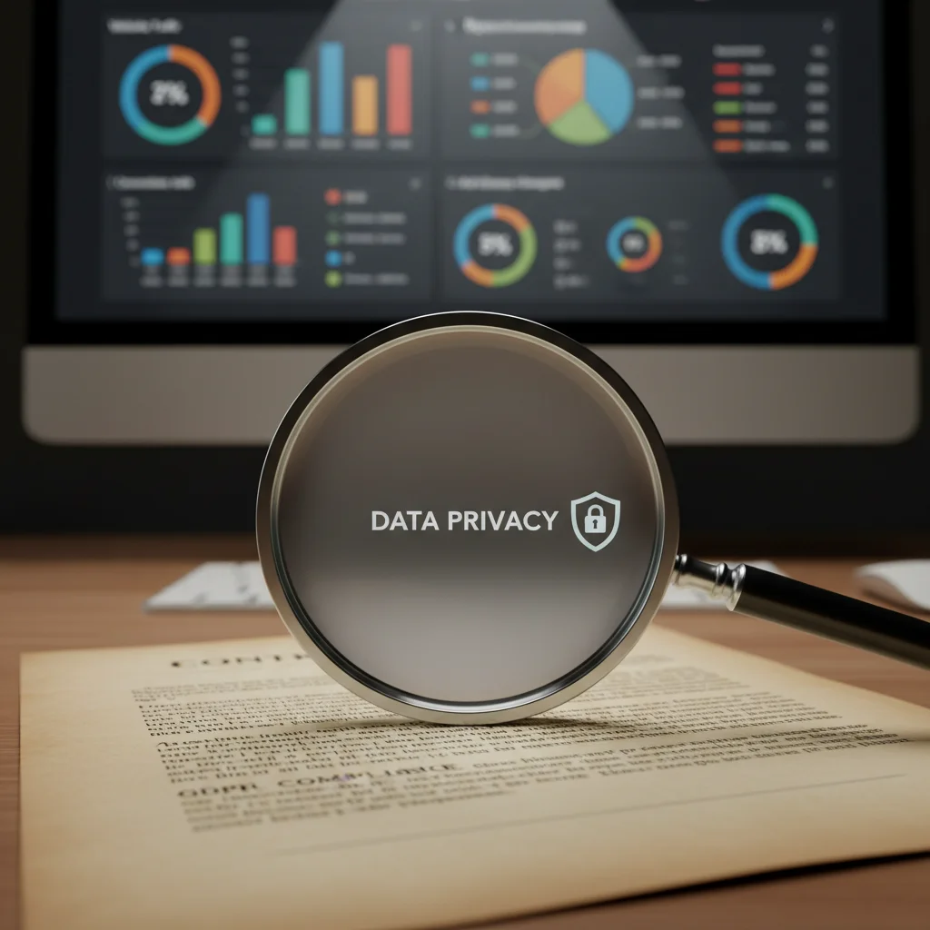 Magnifying glass on data privacy contract, digital marketing compliance