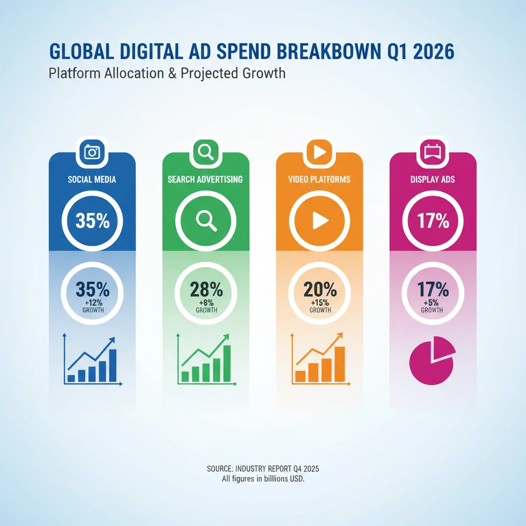 Infographic illustrating digital ad spend breakdown by platform for Q1 2026, showing allocations for social media, search, video, and display advertising.