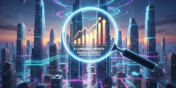 Futuristic digital city with glowing data, magnifying glass over e-commerce growth charts, symbolizing digital ad spend surge and e-commerce impact.