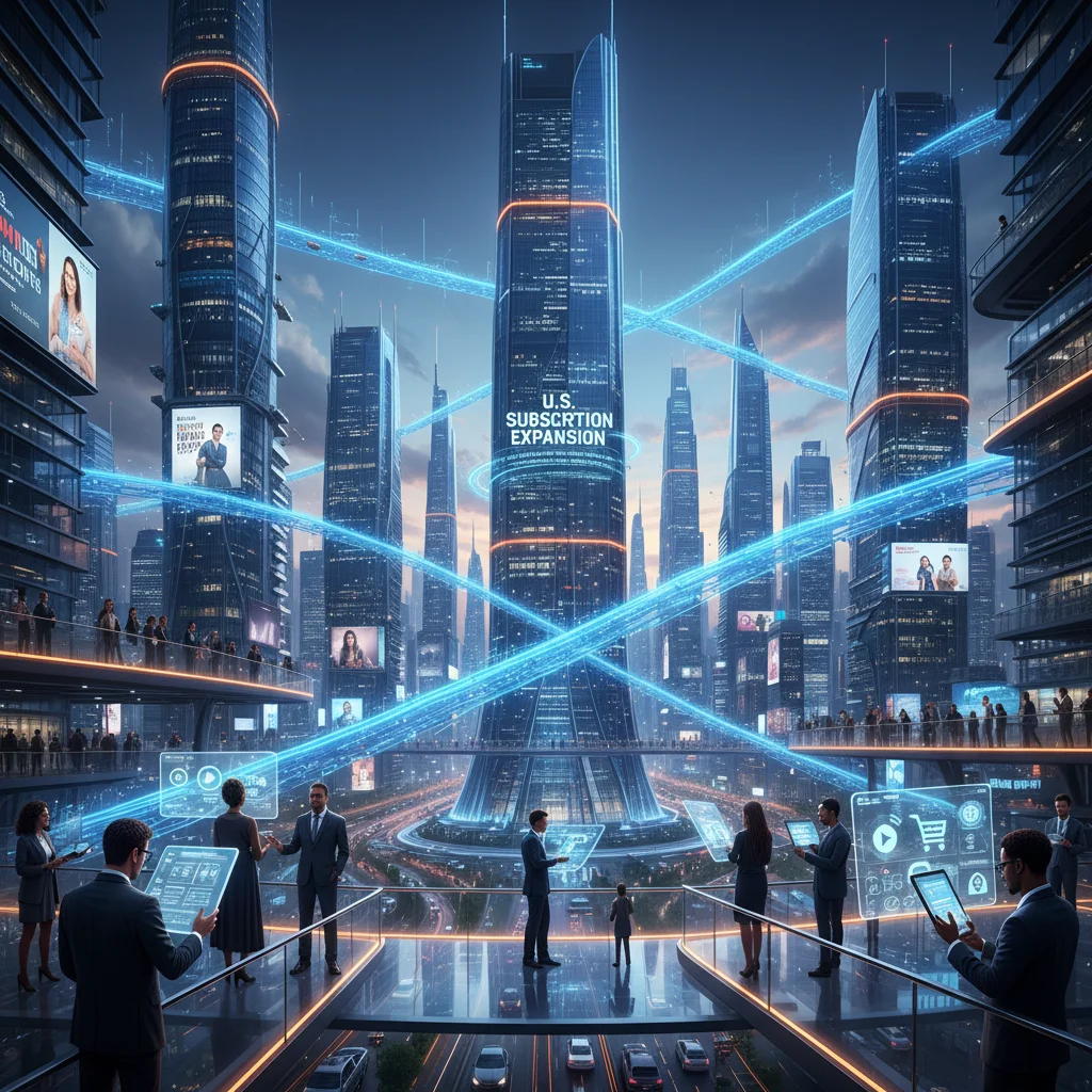 Futuristic cityscape showing digital infrastructure supporting subscription economy