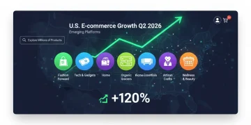 Digital marketplace with growth graph, symbolizing emerging e-commerce platforms in US