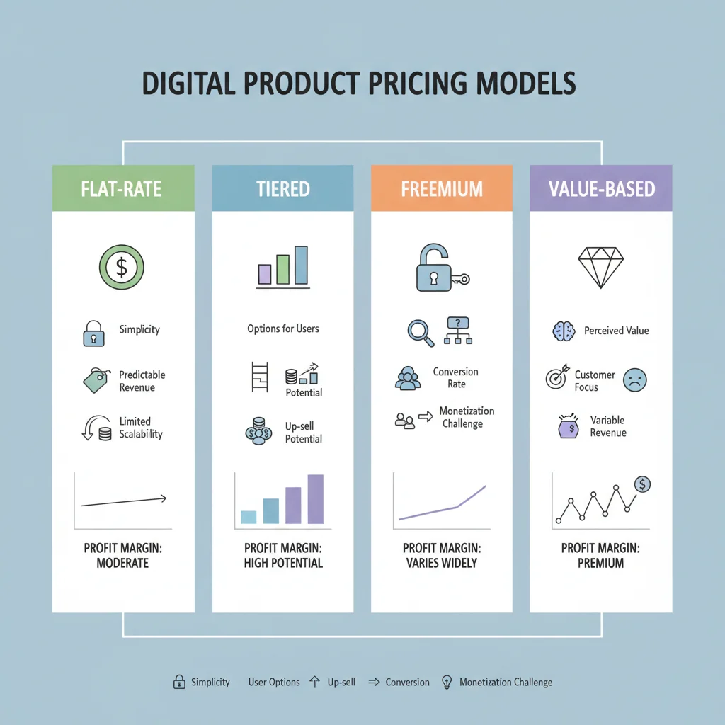 Infographic showing various digital product pricing models and their profit implications.