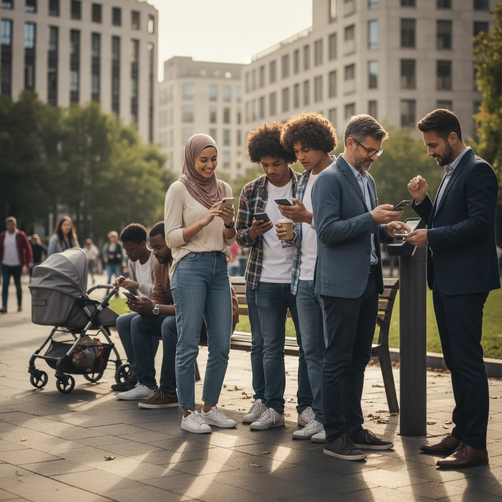 Diverse users engaged with smartphones for mobile commerce, showcasing broad demographic appeal.