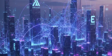 Digital illustration of market consolidation in e-commerce with interconnected networks and subtle company logos.