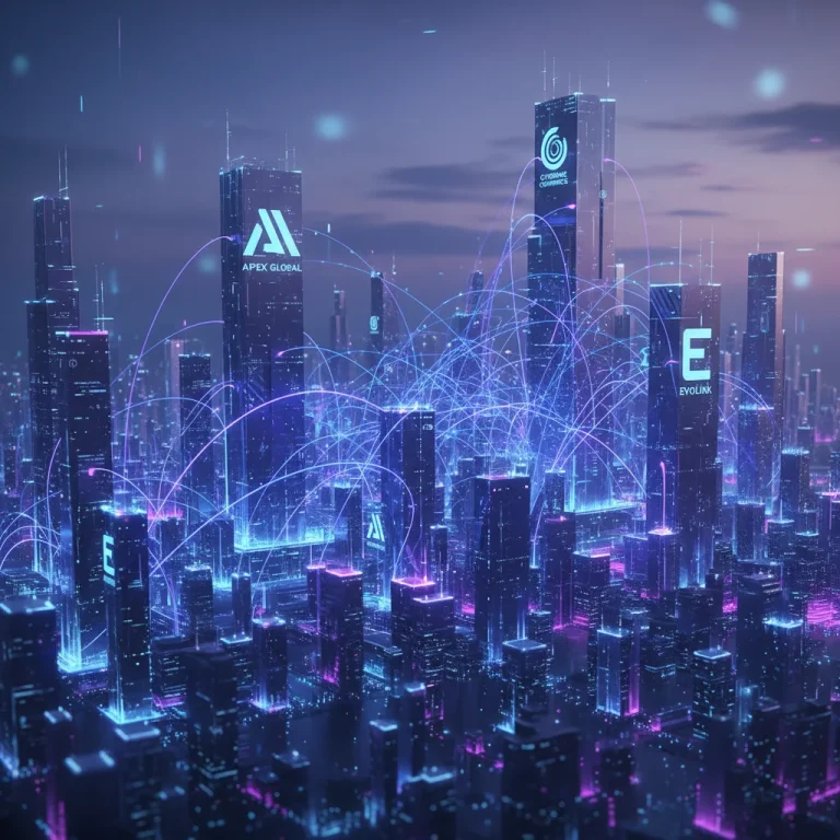 Digital illustration of market consolidation in e-commerce with interconnected networks and subtle company logos.