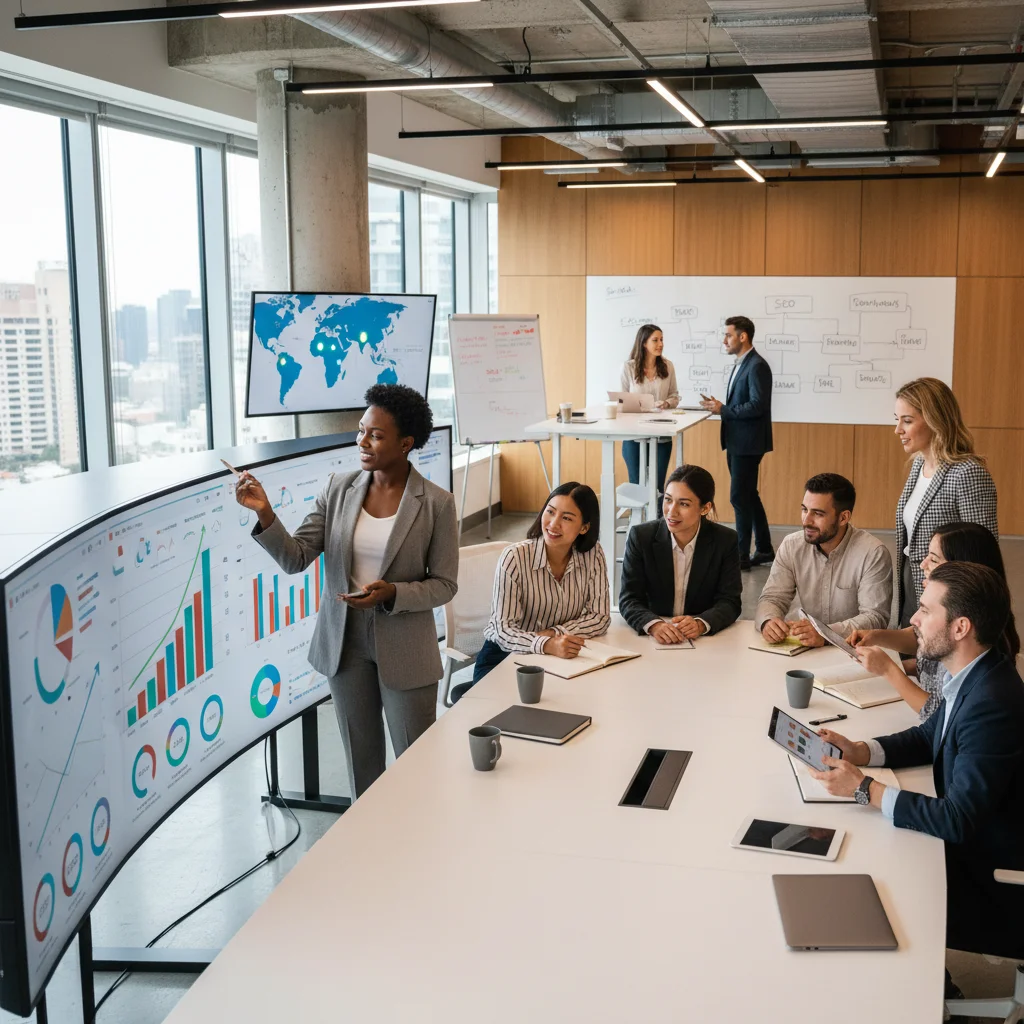 E-commerce professionals collaborating in a modern office, analyzing data and strategizing digital advertising campaigns, symbolizing innovative approaches.