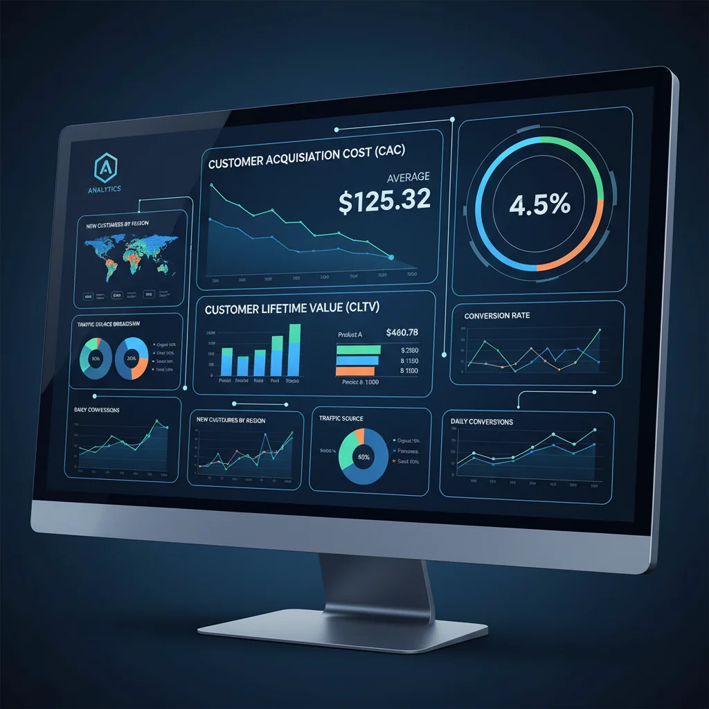 E-commerce analytics dashboard showing customer acquisition cost, lifetime value, and conversion rates.