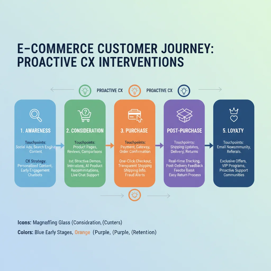 Infographic of the e-commerce customer journey with proactive CX touchpoints.