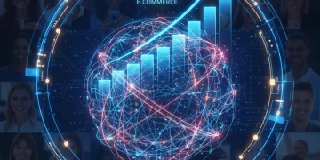 Illustration of e-commerce customer retention with connected customer icons and growth charts.
